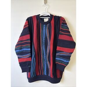 Vintage TOORALLIE Australia Pure WOOL 3D Knit‎ SWEATER COOGI STYLE 90s Blue Red